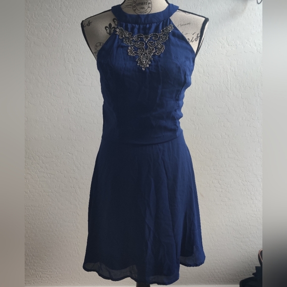 Navy blue bead embroidered cutout keyhole wedding guest semi-formal dress (S) - Picture 2 of 8